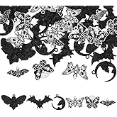 CRAFTYMELODY 30Pcs 6 Styles Black Bat Moth Butterfly Charms Alloy Enamel Halloween Insect Charms Gothic Pendant Bulk Moon Skull Halloween Pendants for Jewelry Making Findings Necklace Earring Craft