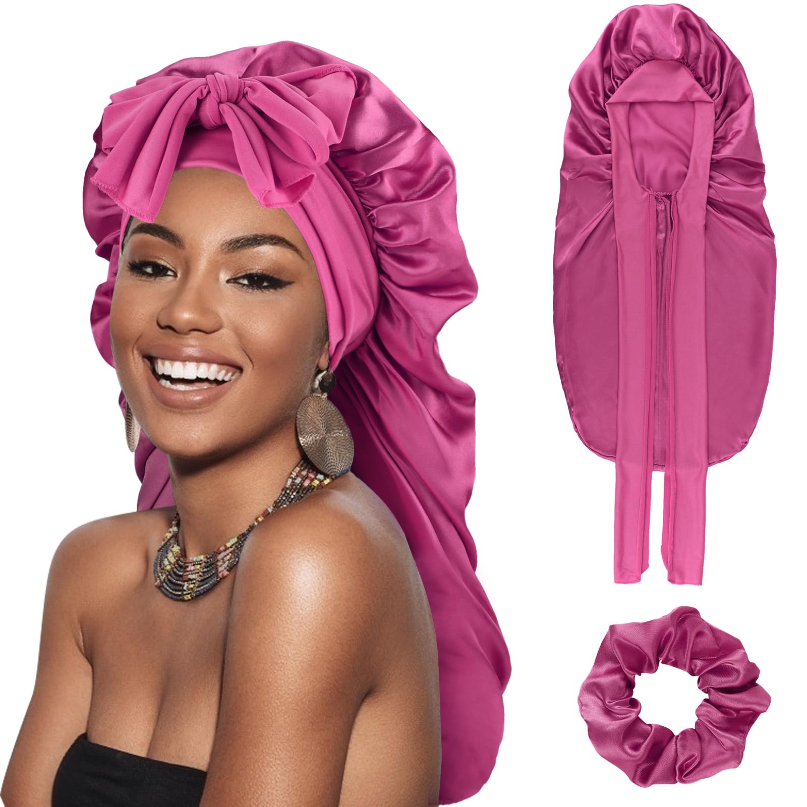 DRESHOW Long Satin Braid Bonnet for Women Silk Bonnet for Sleeping Sleep Cap with Elastic Tie Band Night Cap for Long Curly Hair Locs
