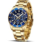 BIDEN Mens Watches Chronograph Gold Blue Stainless Steel Waterproof Date Analog Quartz Watch Business Casual Fashion Wrist Watches for Men