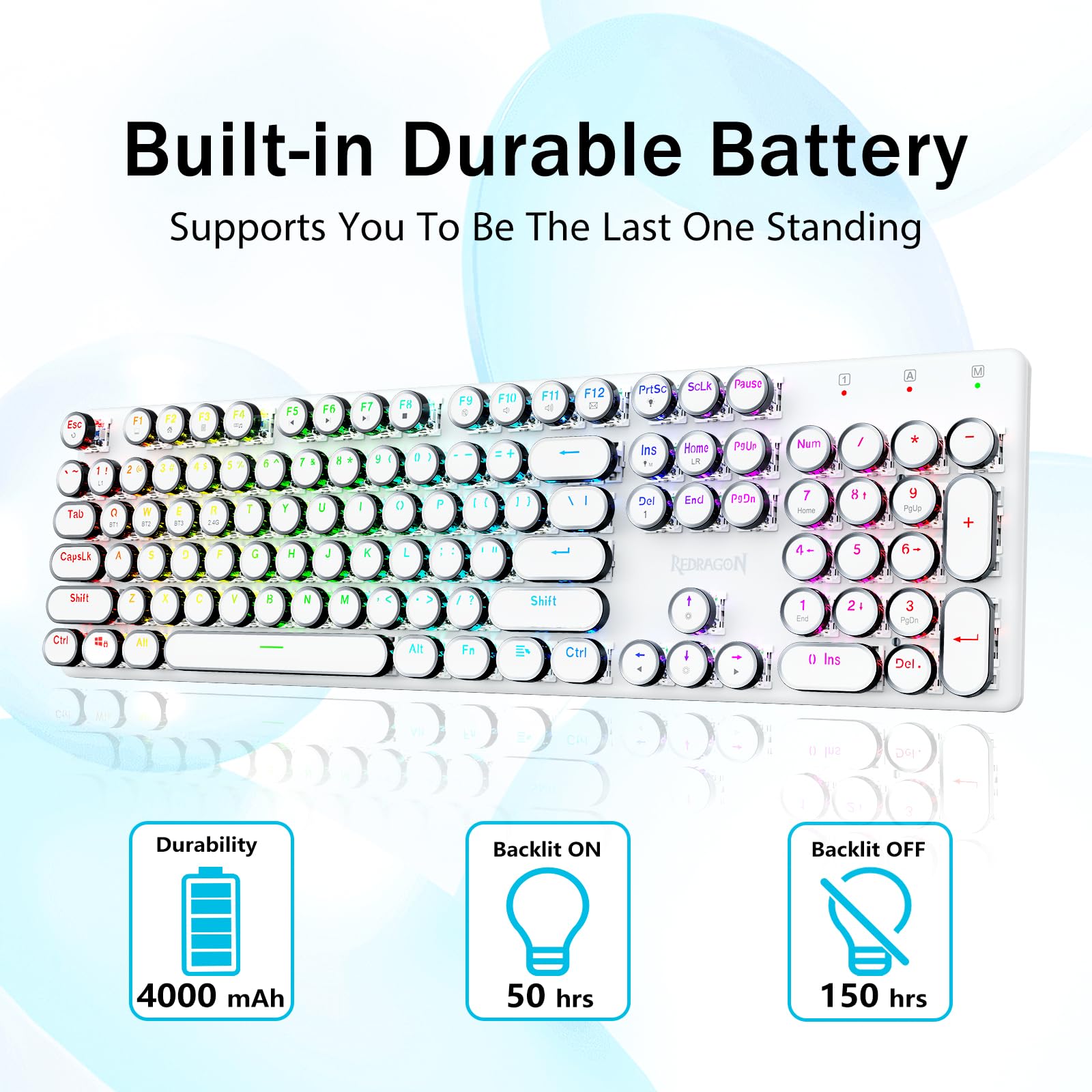 Redragon K710 Wireless Typewriter Mechanical Gaming Keyboard, Bluetooth/2.4Ghz/Wired, RGB Backlit, Blue Switch - Clicky, Rechargeable, Metal Panel, Round Keycaps, White