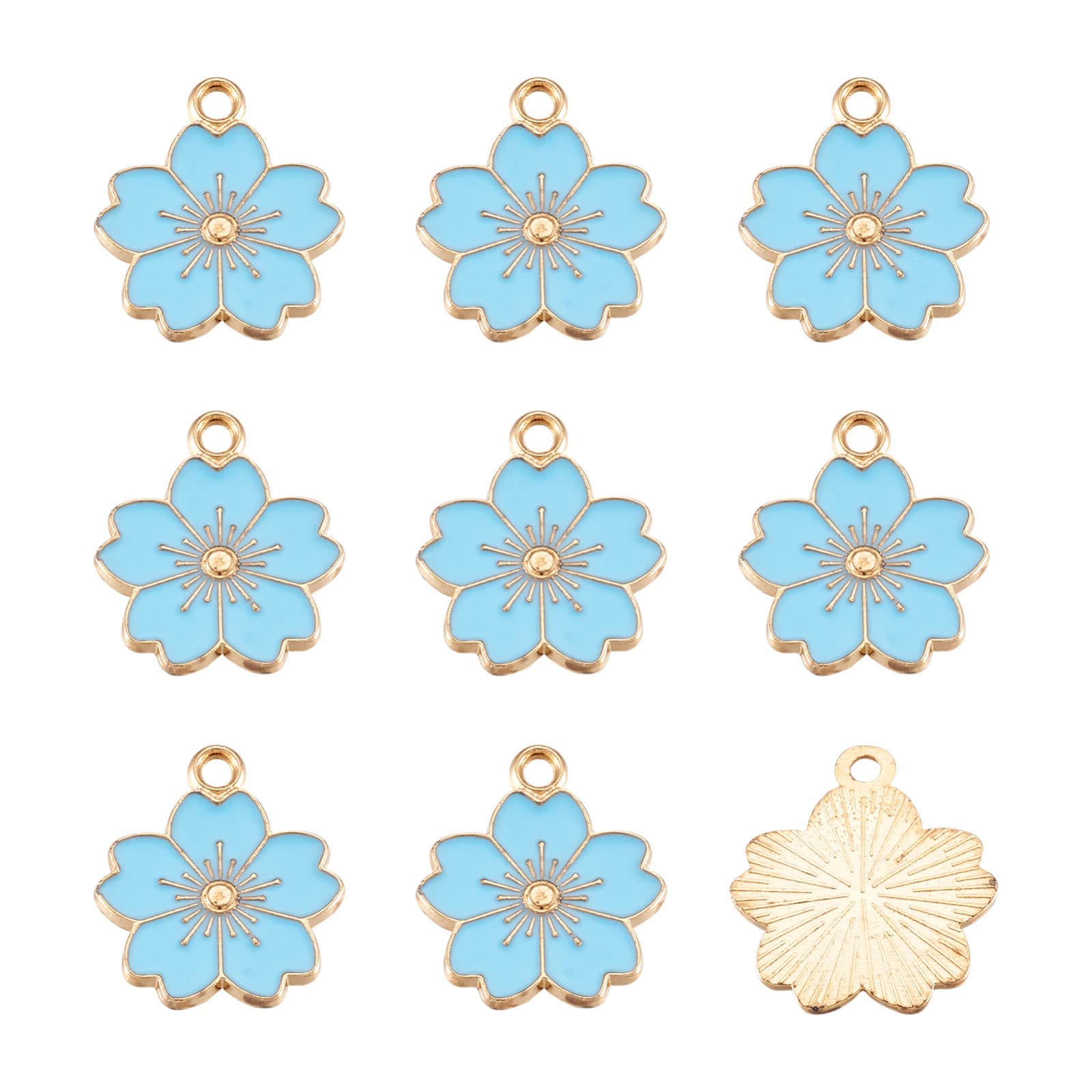 PandaHall 10pcs Enamel Flower Charms Pendants Light Sky Blue Flower Alloy Dangle Charms Light Gold Plated Metal Charms Bulks for Necklace Bracelet Earring Jewellery Making