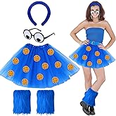 Shyyween 5 Pcs Halloween Cookie Costume for Adults Women Halloween Cookie Cosplay Costume with Blue Fur Headband, Blue Tutu Skirt, Stickers, Googly Eyes Glasses, Fuzzy Leg Warmers