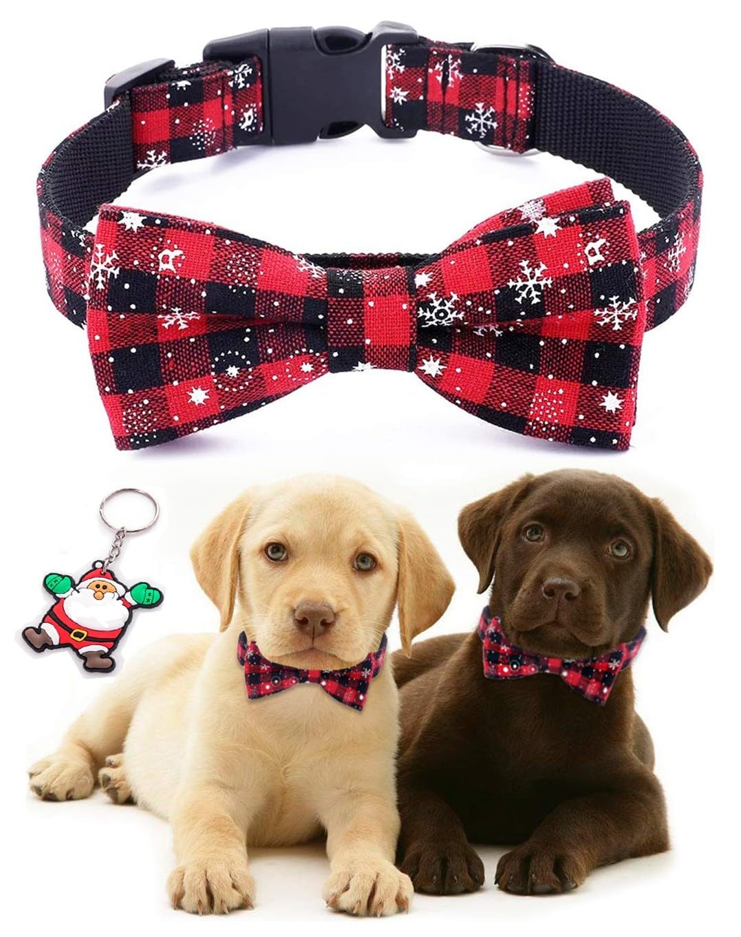 Moonpet Xmas Christmas Dog Collar with Bow Tie - 100% Cotton Nylon Design Adjustable Handmade Dog Collar - Cute Fashion for Small Medium Large Dogs-M