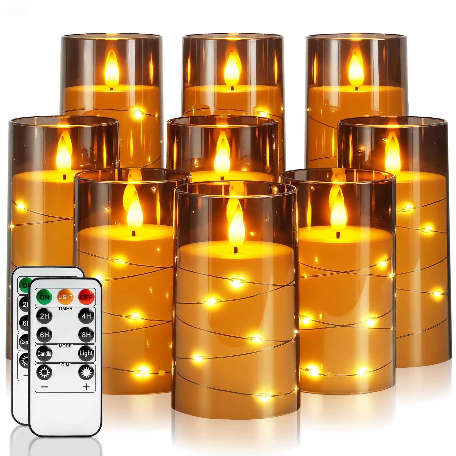 Homemory 9 Pcs Flameless Candles with Embedded Star String Fairy Lights, Battery Operated Candles, LED Fake Candles with Remote Control and Timer, Gray Acrylic Image