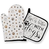 OHSUL Paw Print Oven Mitts and Pot Holders Set, Heat Resistant Oven Gloves with Dog Paws Design in Beige, Perfect for Women. Dog Lovers Kitchen Decor, Owner Mom Gifts.