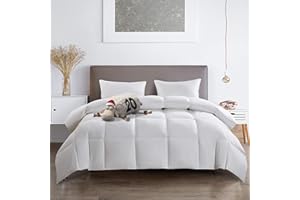 Serta White Goose Feather Down Comforter Twin Size - All Seasons 100% Cotton Down Duvet Insert 233 Thread Count with Corner Loops, Hotel Luxury Edition Hypoallergenic