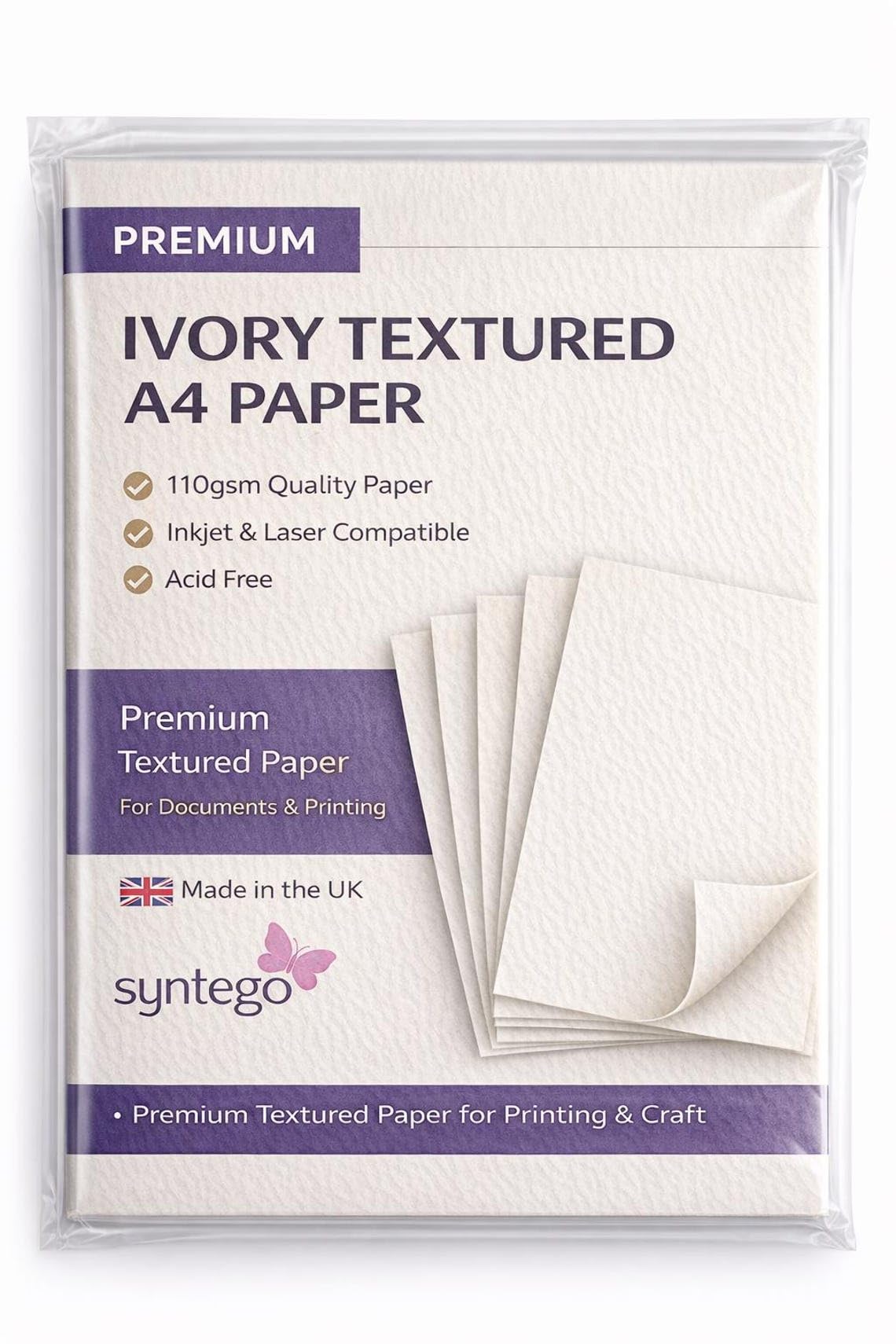 Syntego Textured A4 Paper 110gsm – Premium Printer Paper for Inkjet & Laser | Ivory & White Textured Paper for Invitations, Certificates, Menus & Craft (100, Ivory)