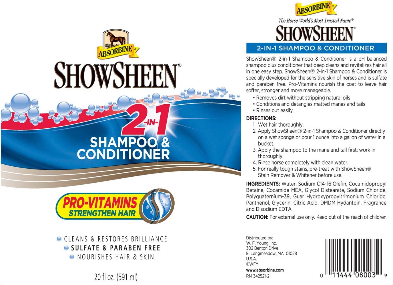 Absorbine ShowSheen 2-in-1 Shampoo & Conditioner, Sulfate and Paraben-Free, 20oz : Horse Coat Care : Sports & Outdoors