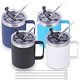 Volhoply 12oz Insulated Leakproof Coffee Mug with Sliding & Straw Lid Bulk 4 Pack,Double Wall Vacuum Stainless Steel Travel Tumbler Cup with Handle,Camping Mugs Mugs Keep Cold/Hot(Assorted,4 Set)