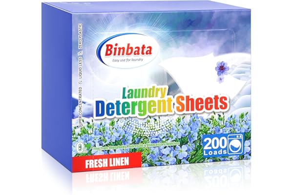 Binbata Laundry Detergent Strips 200 Loads, Hypoallergenic Eco-Friendly Fresh Linen Scent Laundry Detergent Sheets, Plastic F