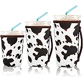 KJQJLY 3 Reusable Iced Coffee Sleeves for Iced Coffee Cups or Drinks Reusable Neoprene Insulated Sleeves for Hot and Cold Drinks from Starbucks, Dunkin, And More (Brown cow)
