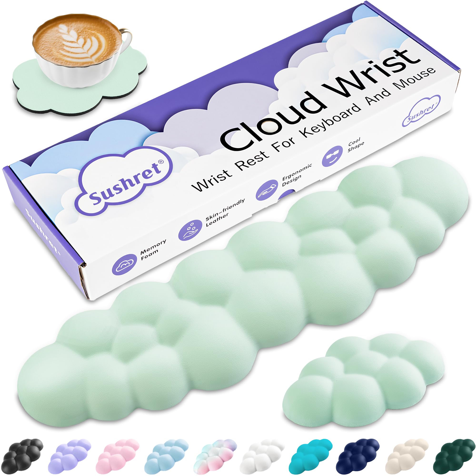 Sushret Cloud Wrist Rest Keyboard, Cloud Palm Rest Set with PU Leather Memory Foam, Cute Keyboard Rest for Wrist Support and Arm Rest, Desk Cloud Wrist Pad for PC/Gaming/Laptop/Computer-Light Green