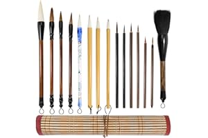 Eorbow 16 Pieces Chinese Calligraphy Brush Set, Sumi Brushes with Roll-up Bamboo Holder, Sturdy Japanese Watercolor Painting Writing Brushes, Kanji Art Drawing Brushes for Beginners