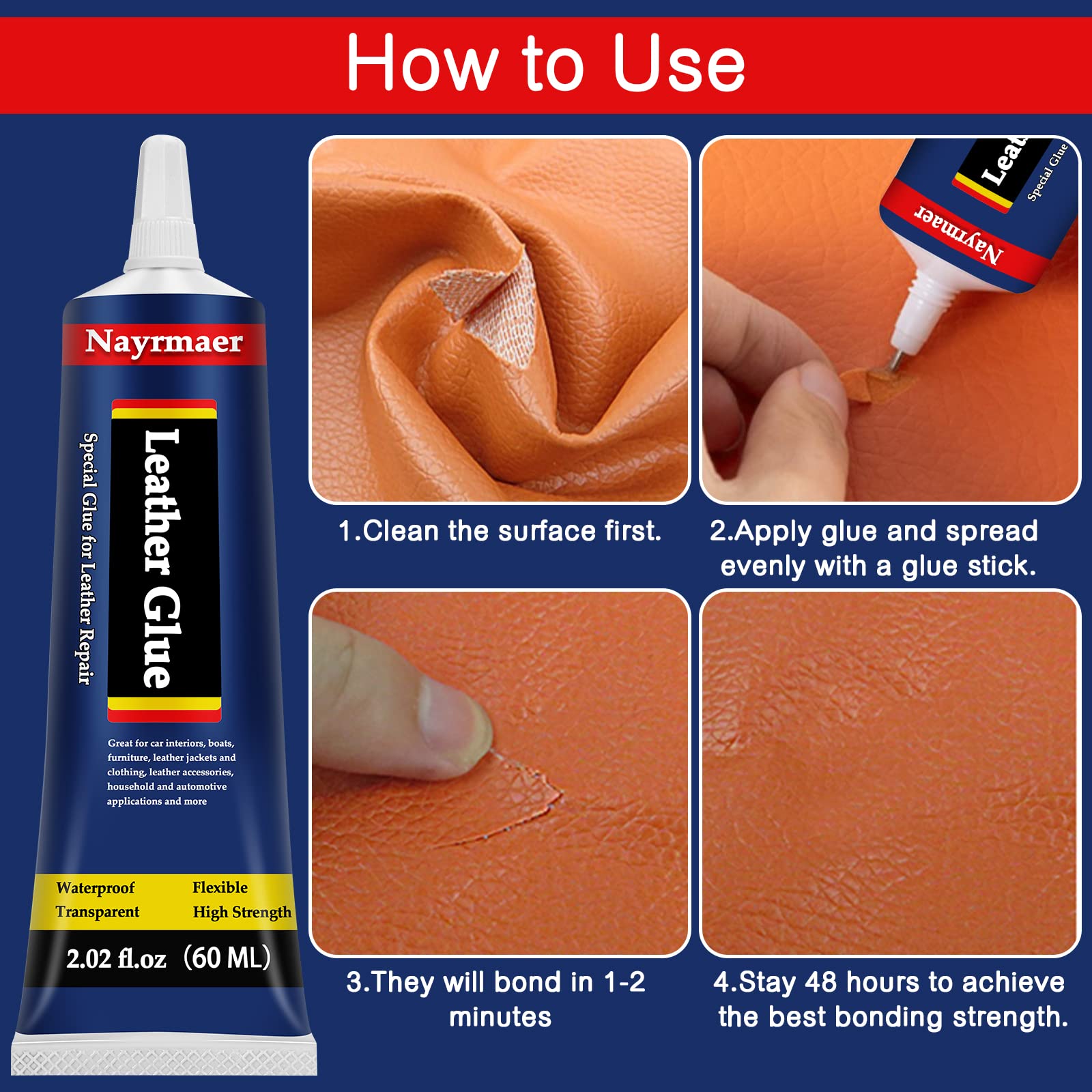 Nayrmaer Leather Glue, Special Fabric Adhesive Permanent Clear Washable for BondingLeather and Different Materials (Leather Glue, 60 ML * 1 Pack)