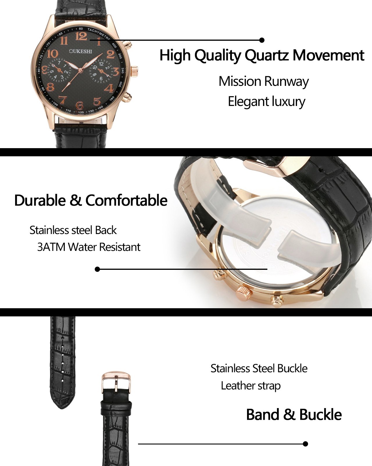 JSDDE Uhren,Herren Business Armbanduhr Arabische Ziffern Unecht Chronograph Wasserdicht Lederband Rosengold Analog Quarzuhr,Weiß+Schwarz