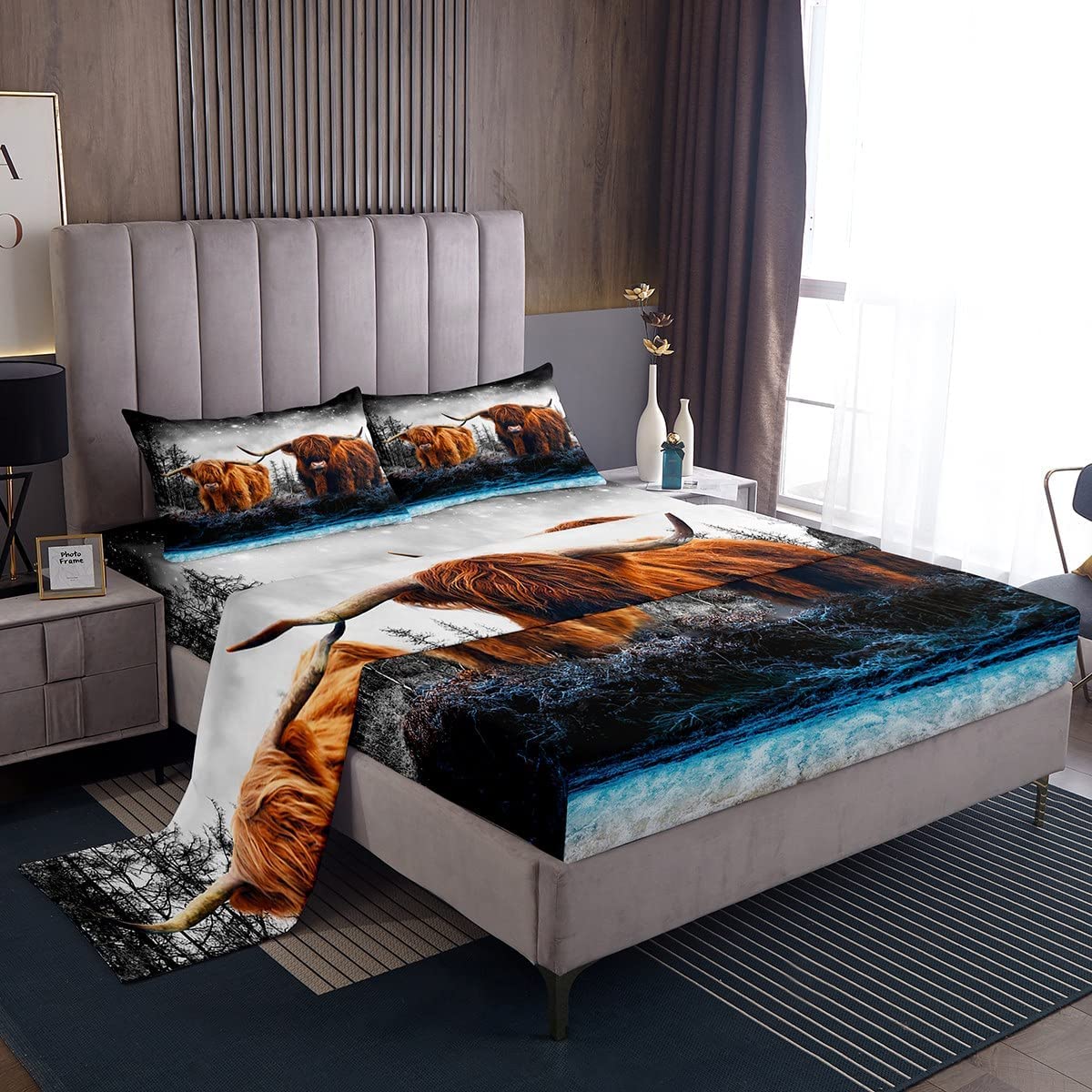 Highland Cow Bed Set Highland Cattle Bed Sheets for Kids Boys Girls Farm Animal Sheet Set Soft Durable Bedding Sheets King Size