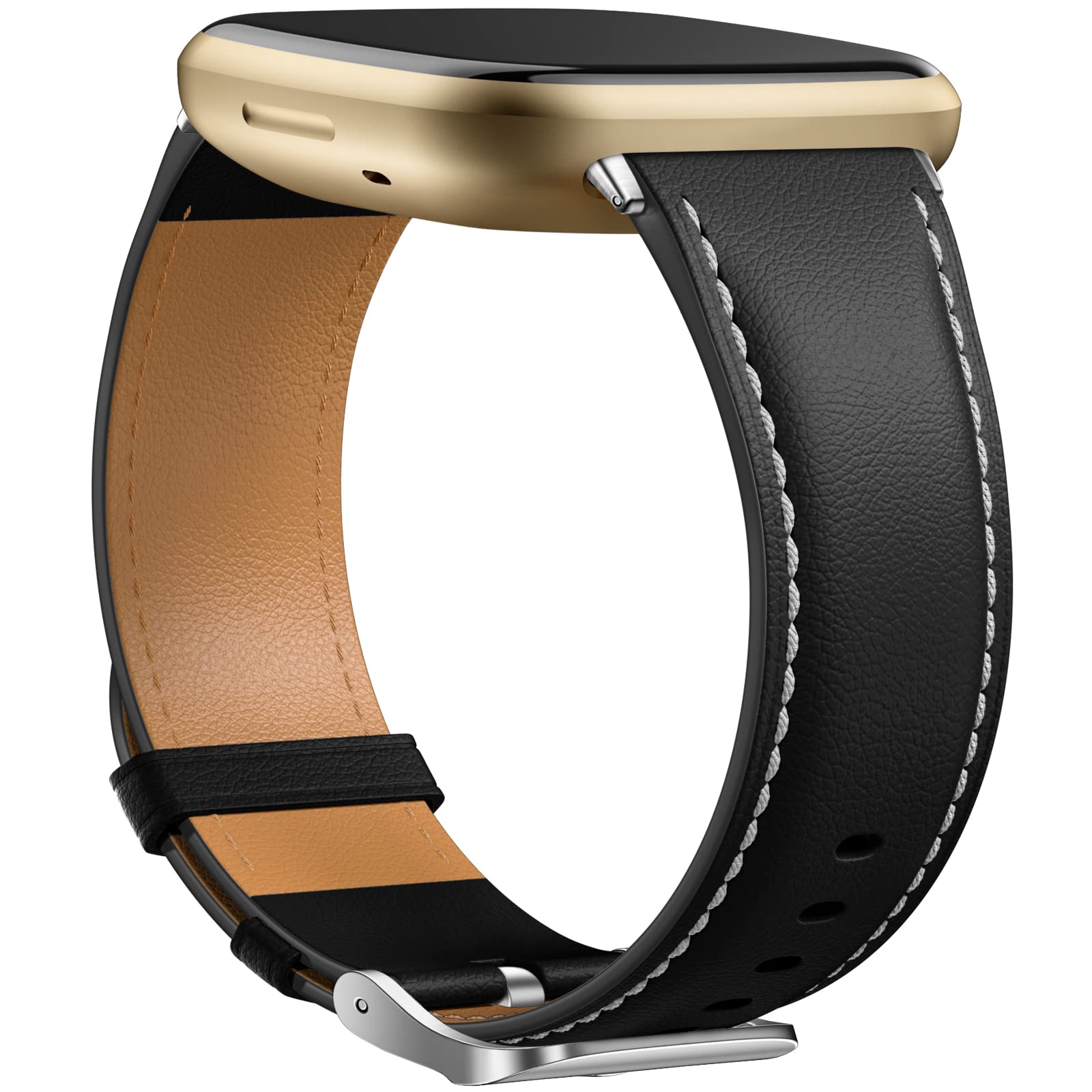 Dirrelo Compatible with Fitbit Versa 3 Strap - Fitbit Versa 4 Straps for Women Men, Genuine Leather Elegant Band Compatible with Fitbit Sense 2/Sense Strap, Black