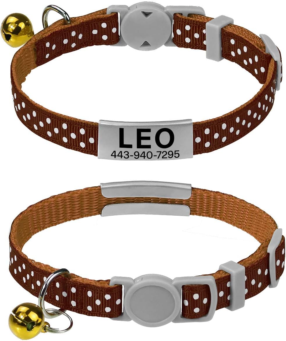 FunTags Breakaway Custom Cat Collars with Bell, Safety Personalized Cat Collar with Stainless Steel No Noise Slide-On ID Tags, Adjustable for Cats and Kitten, Polka Dot