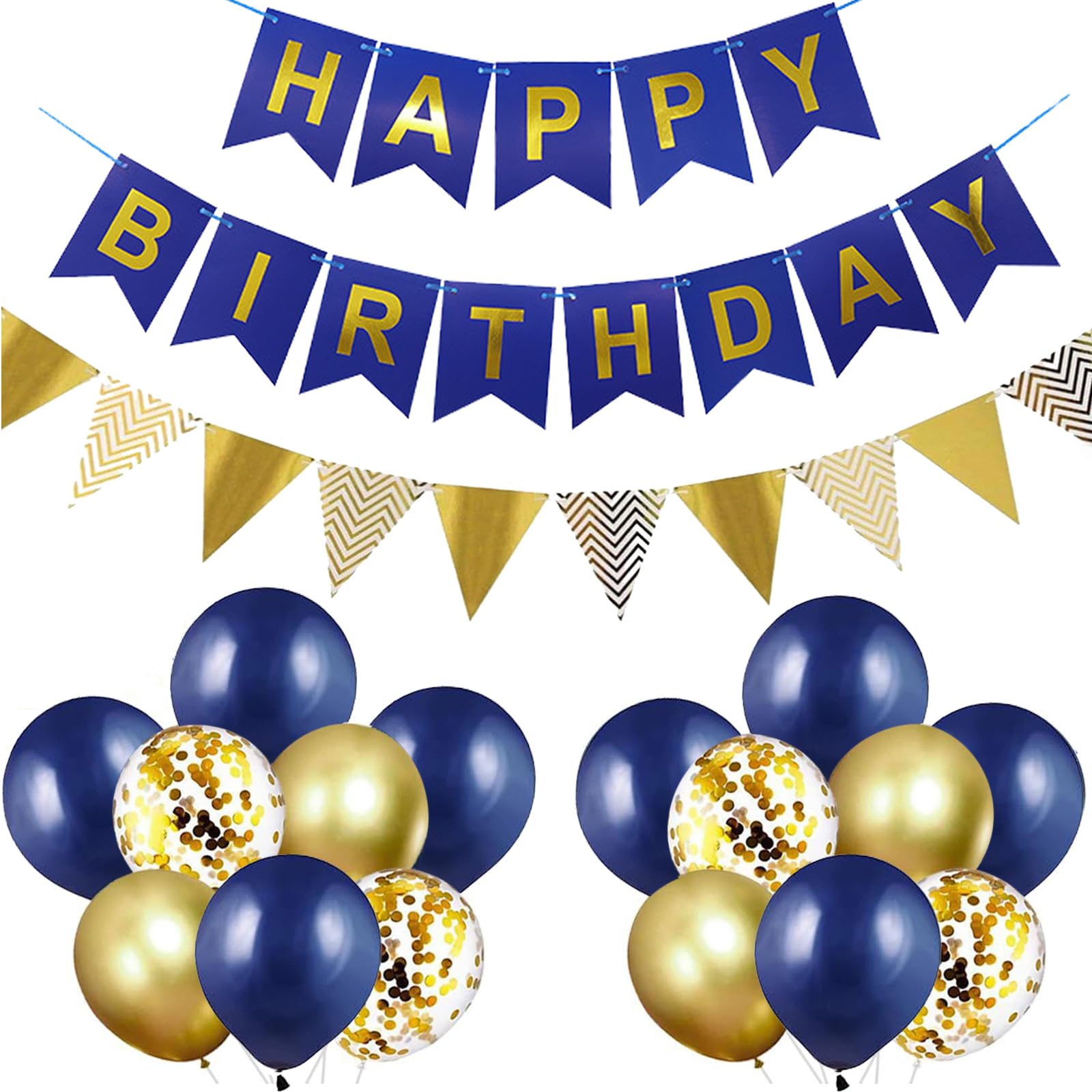 Happy Birthday bunting Banner balloons, 12 inch Nave blue and gold Decoration Balloons for Girls Boys Party Supplies（NB+GD+SJQ）