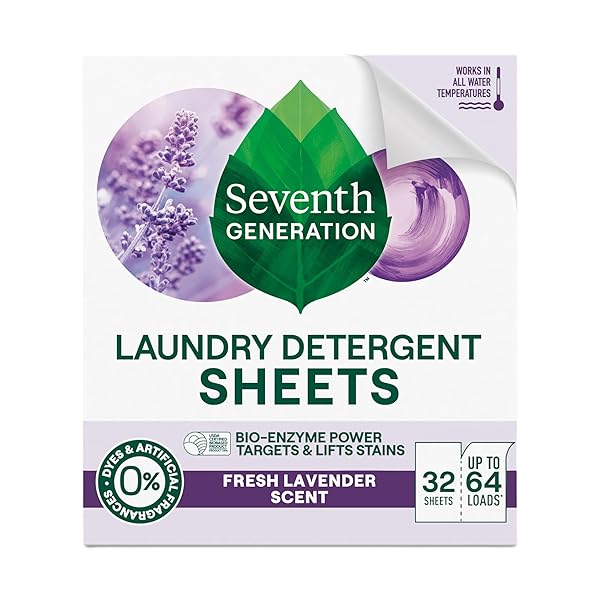 SEVENTH GENERATION LAUNDRY DETERGENT SHEETS, UP TO 64 LOADS, FRESH LAVENDER SCENT, REMOVES TOUGH STAINS, 0% DYES AND ARTIFICIAL FRAGRANCES, SAFER FOR YOUR FAMILY