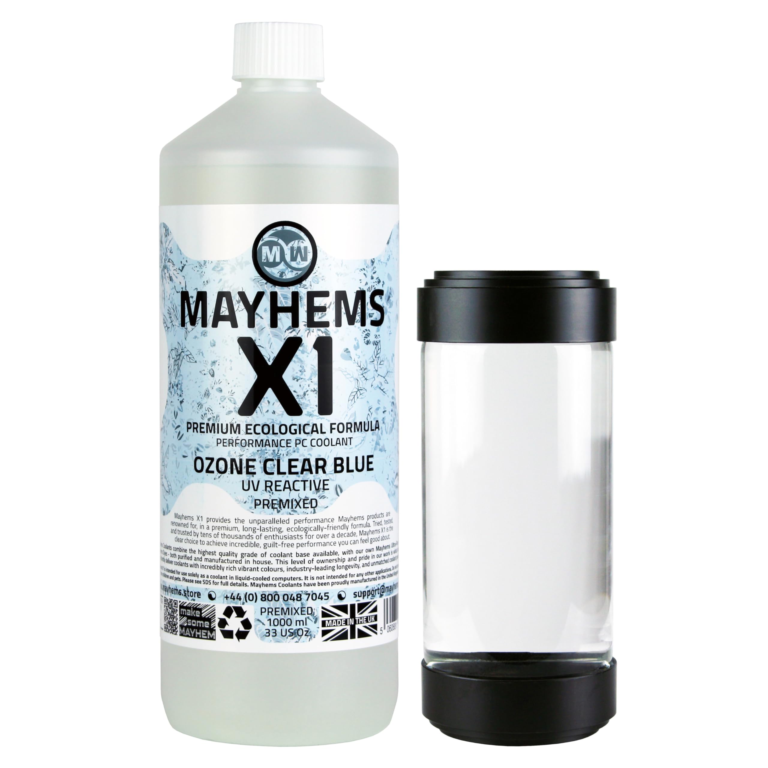 Mayhems - X1 Premixed PC Coolant - Computer Water Cooling Fluid - Liquid Cooling, Eco Friendly Series, UV Fluorescent Blue, 1 Litre, Ozone Clear Blue