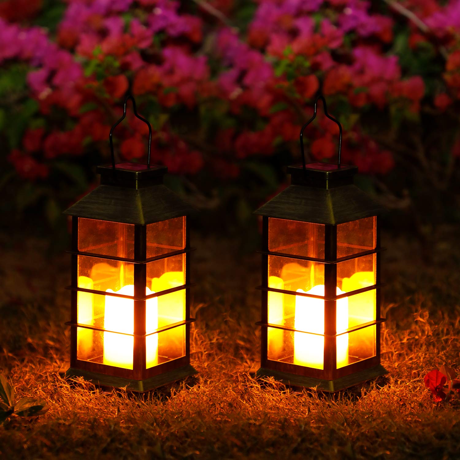 Solar Lantern,OxyLED 2 Pack Flickering Solar Hanging Lantern IP44