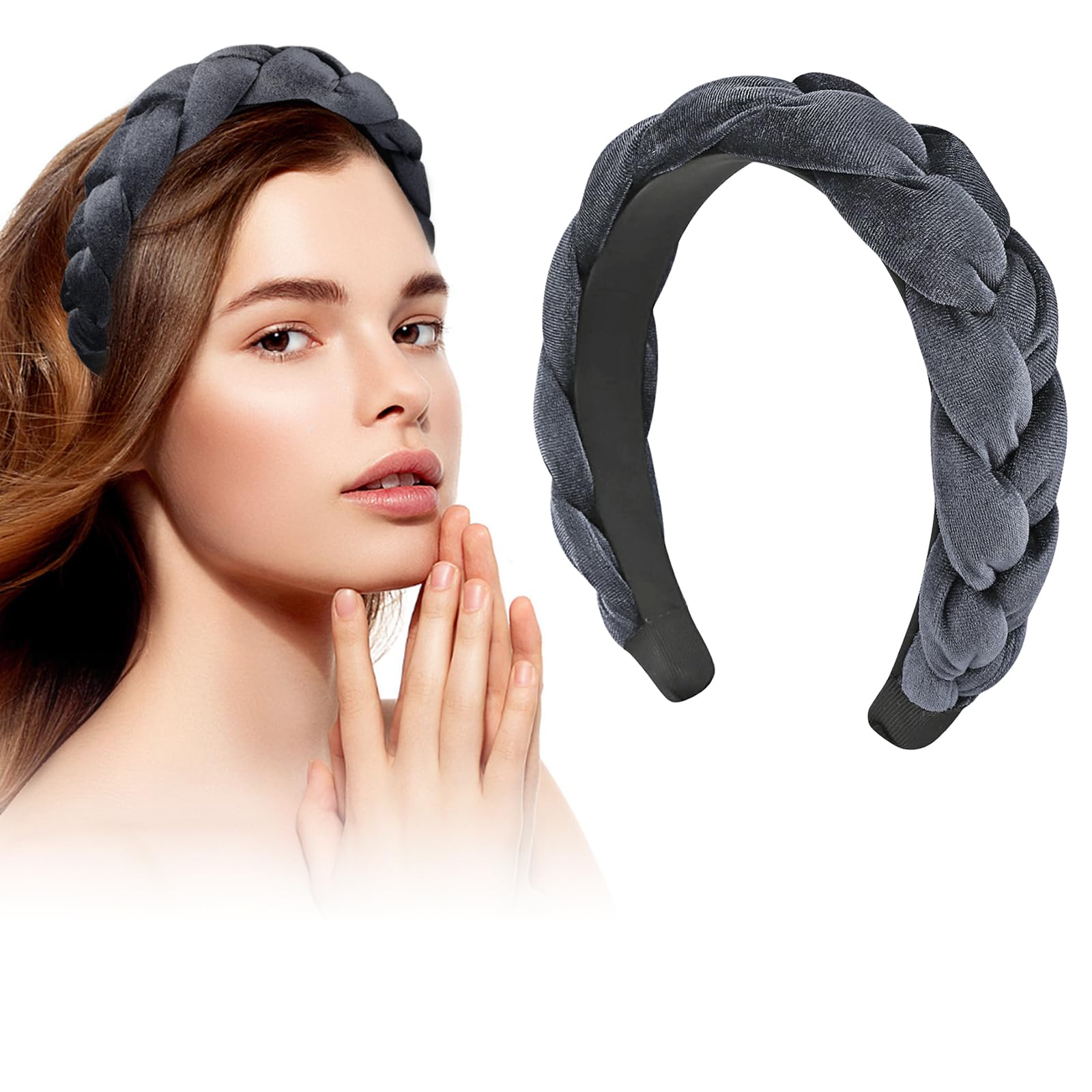 LOPHE Velvet Braided Headband, Twisted Braid Rough Edge Hair Band, Non-Slip Twisted Knotted Headband, Cute Vintage Style Braided Hairband, Makeup Headbands for Women (Gray)