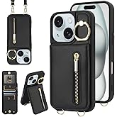 Jcxtrombulous Crossbody Wallet Case for iPhone 13/14 with Lanyard Strap Card Slot Holder RFID Blocking Ring Kickstand,Magnetic Flip Folio Zipper Purse Case, PU Leather Cover Handbag,Black