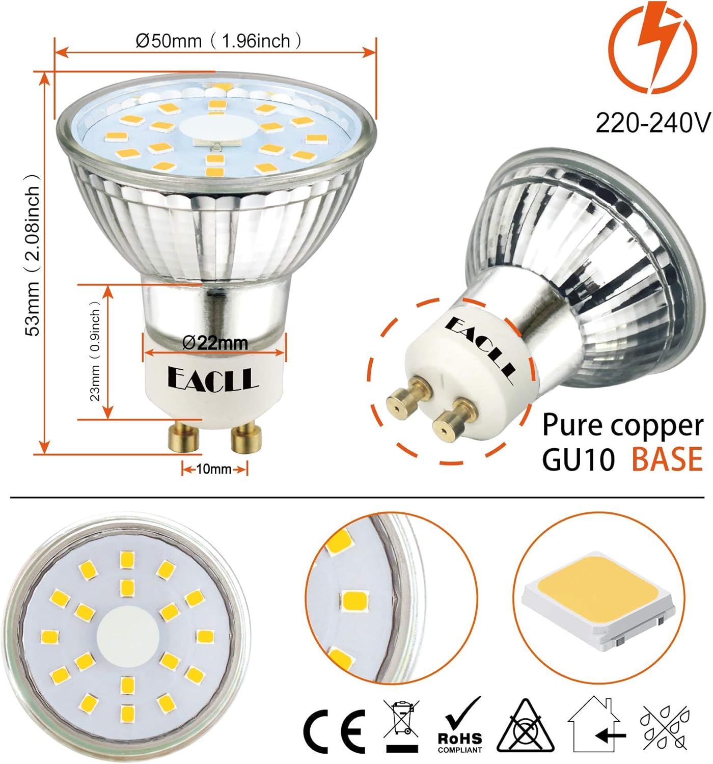 EACLL GU10 LED Bulbs Neutral White 4000K 4.9W Equivalent 75W Halogen, Pack of 6, 585 Lumens AC 230V Flicker-Free Spot Light - Image 3