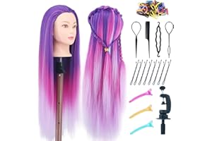 Eumos Mannequin Head with Hair, 29'' Manikin Head with hair Cosmetology Mannequin Head for Hair Styles Hairdressing Practice Training Doll Heads with Clamp Holder and Braiding Kit (Mixed Purple)