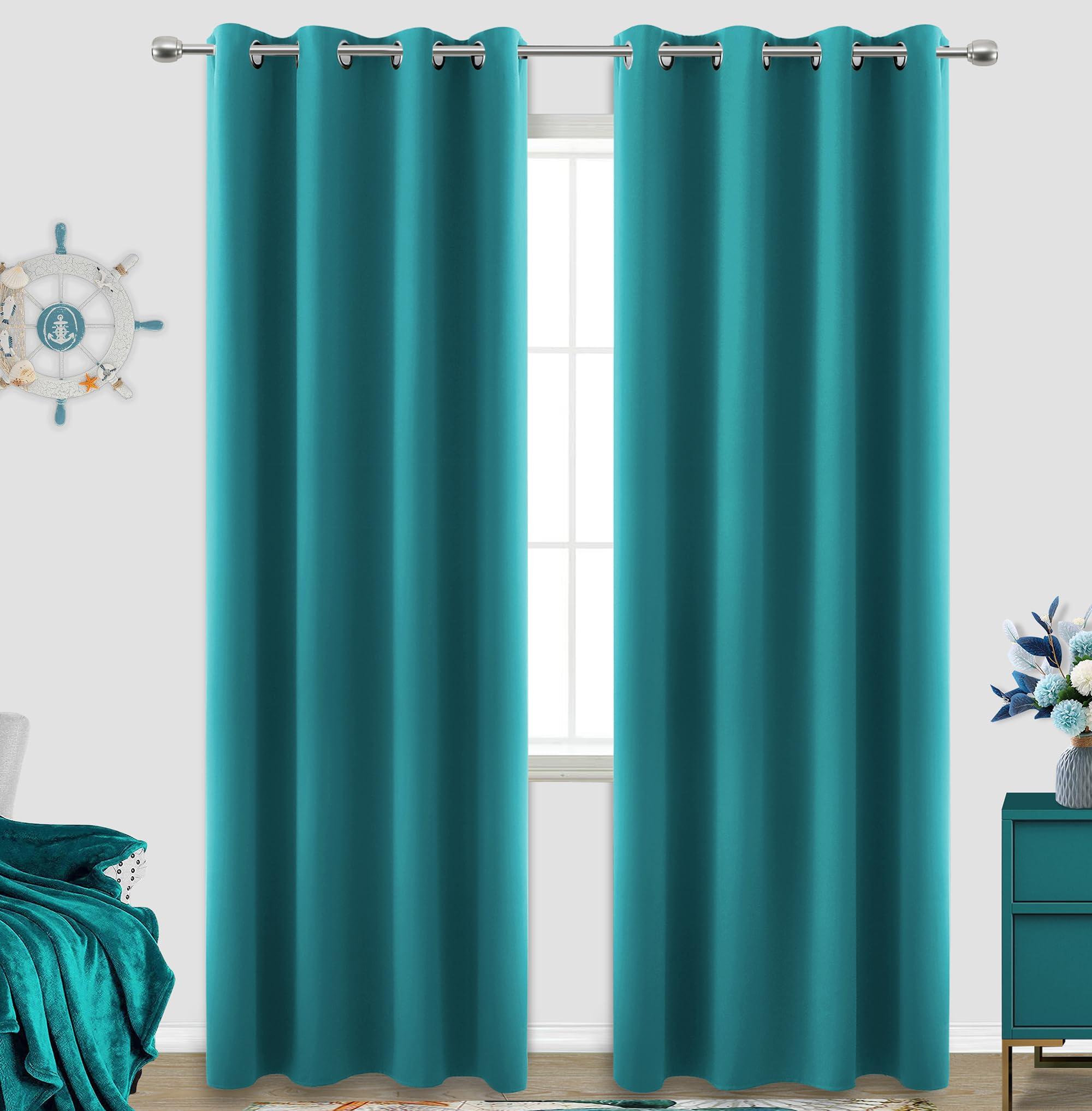 KOUFALL Teal Curtains 84 Inch Length for Living Room 2 Panels Set Grommet Pair Window Treatments Blackout Insulated Drapes Darkening Thermal Curtain for Bedroom 84 Inches Long
