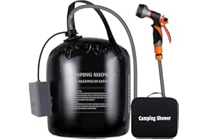 AZXJC Portable Camping Shower, 5gallons/20 liters Rechargeable air Pump Outdoor Electric Camping Shower, 8 Spray Modes, Solar Heating Black PVC airbag, Built-in Thermometer, Beach, Camping, Hiking