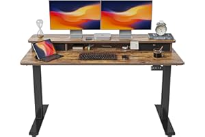 FEZIBO 55 x 24 Inch Height Adjustable Electric Standing Desk with Double Drawer, Stand Up Desk with Storage Shelf, Sit Stand Desk, Rustic Brown