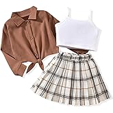 Girls 3 Piece Skirt Set Cami Crop Tops Pleated Skirt with Button Shirts Size 6-12