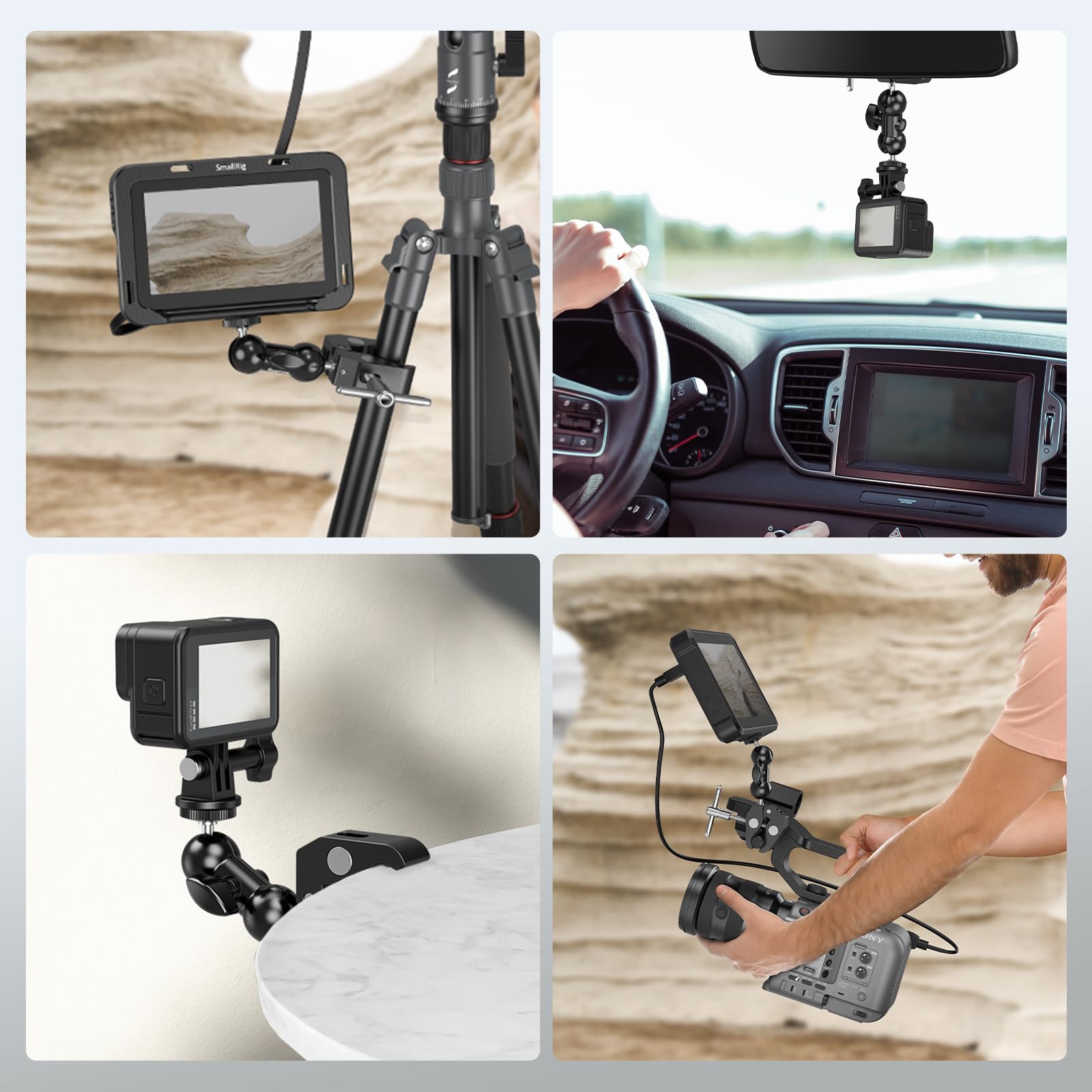SMALLRIG Super Camera Clamp Mount, Double Ball Head Magic Arm Adapter, Fence/Desk/Tripod Mount for Monitor/Light/Camera, for Insta360, for Gopro