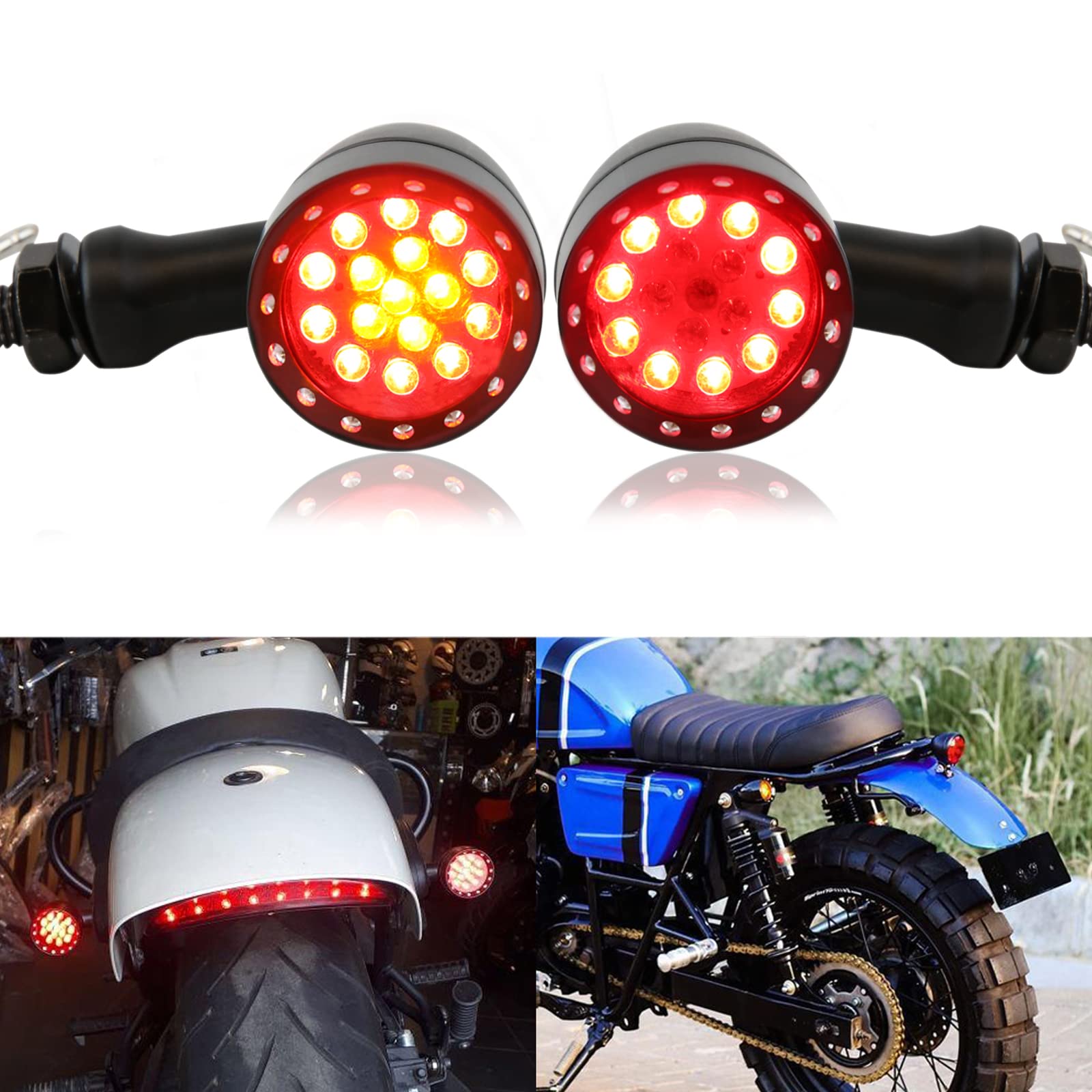 Photo 1 of 2pcs Black 15 LED Motorcycle Stop Brake Running Turn Signal Indicator Amber Lights Compatible with Street Bike Chopper dirt bike scooter Cafe Racer (Black-Amber&Red Light)