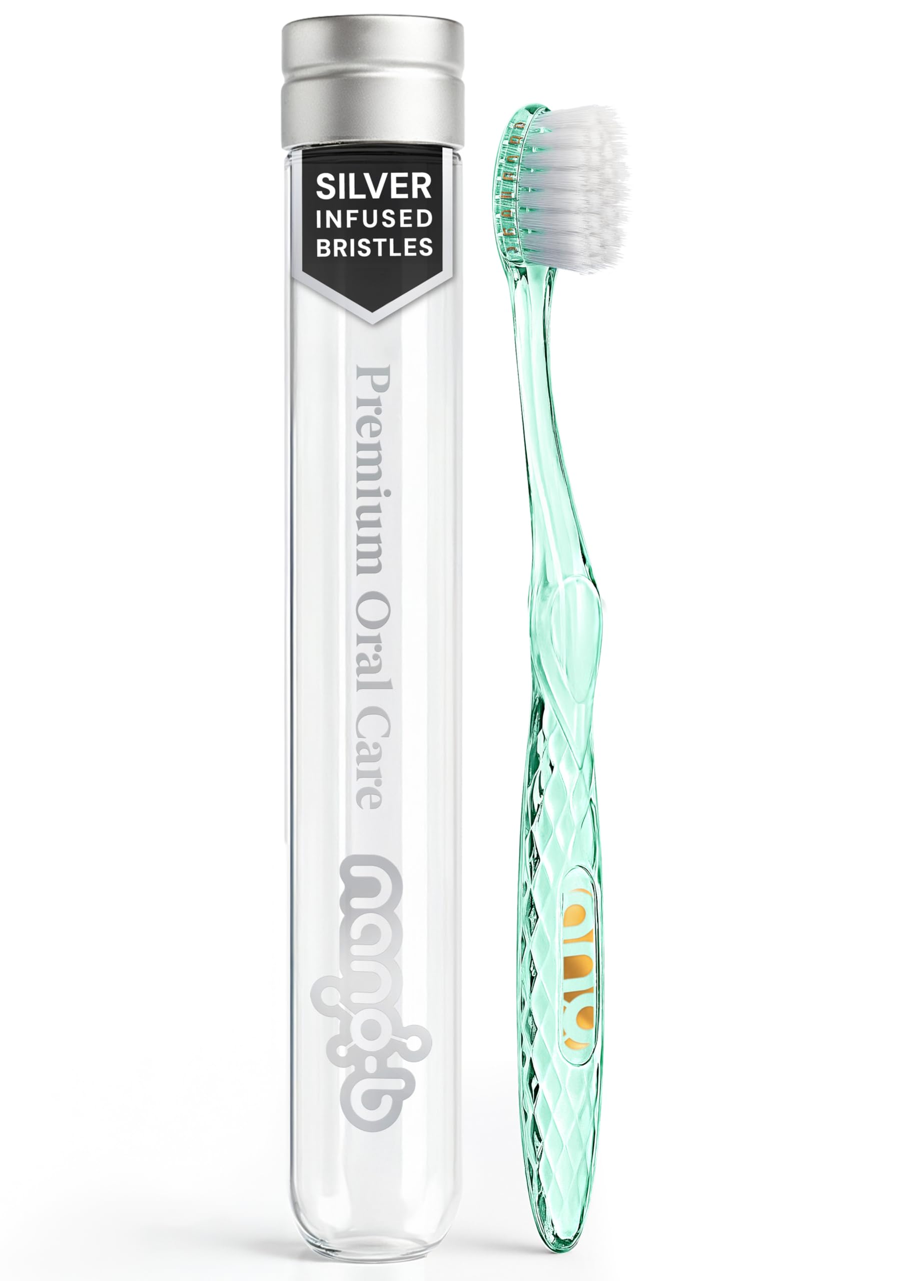 Nano-b Manual Toothbrush for Adults with Sensitive Gums, Silver Soft/Medium Bristles, Travel Case, Green