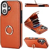 Folosu Compatible with iPhone 16 Case Wallet with Card Holder, 360°Rotation Finger Ring Holder Kickstand, RFID Blocking Leather Protective Double Buttons Shockproof Cover 6.1 Inch Brown