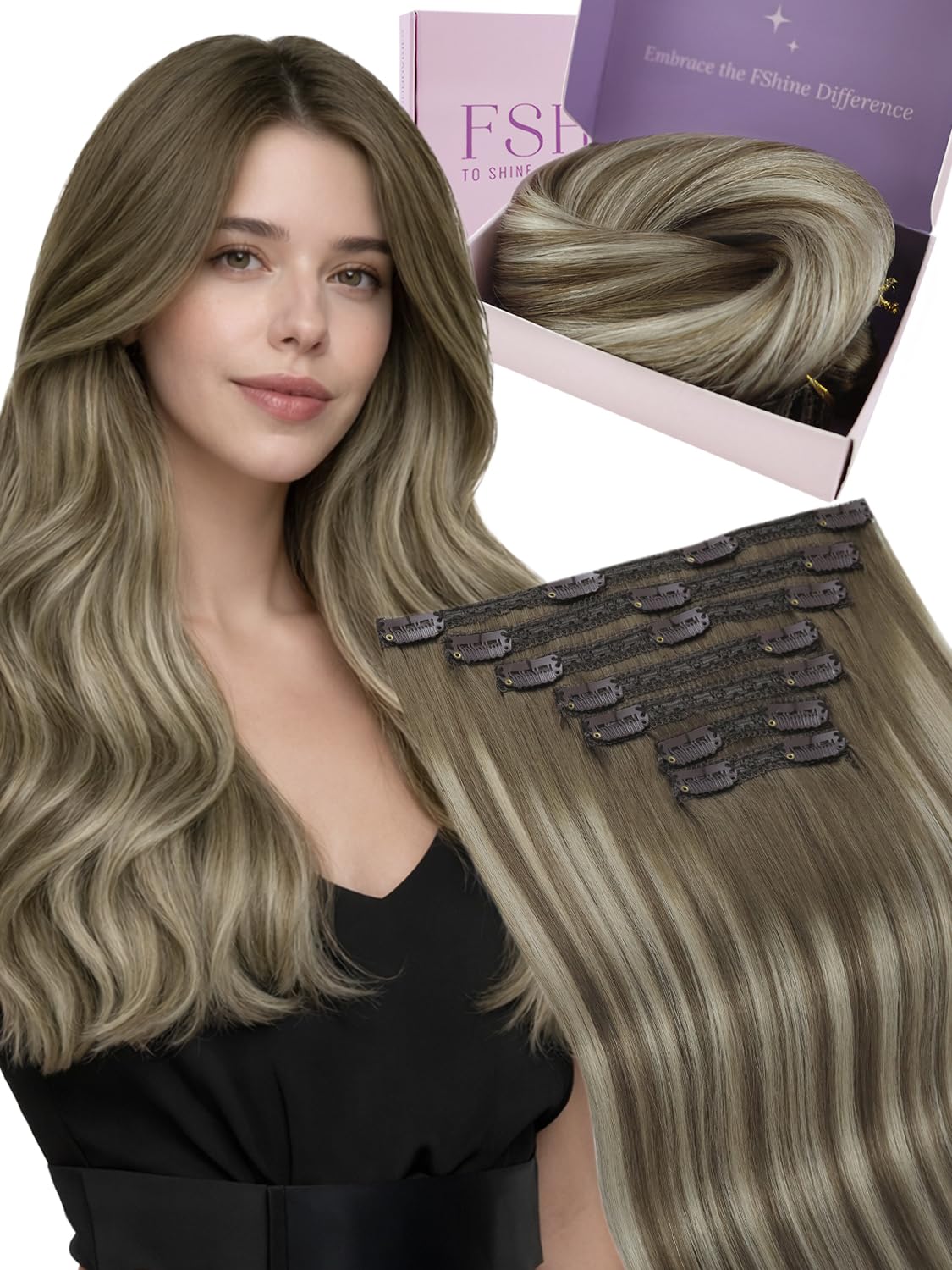 Fshine 24 Inch Clip In Hair Extensions Real Human Hair, 120g Full Head, Natural Balayage Shades for Long, Voluminous Hairstyles