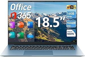 Naclud Laptop, 18.5 Inch Laptops with 16GB RAM 1024GB SSD Ordinateur Portable, 1 Year Office 365, Celeron Quad-Core, Windows 