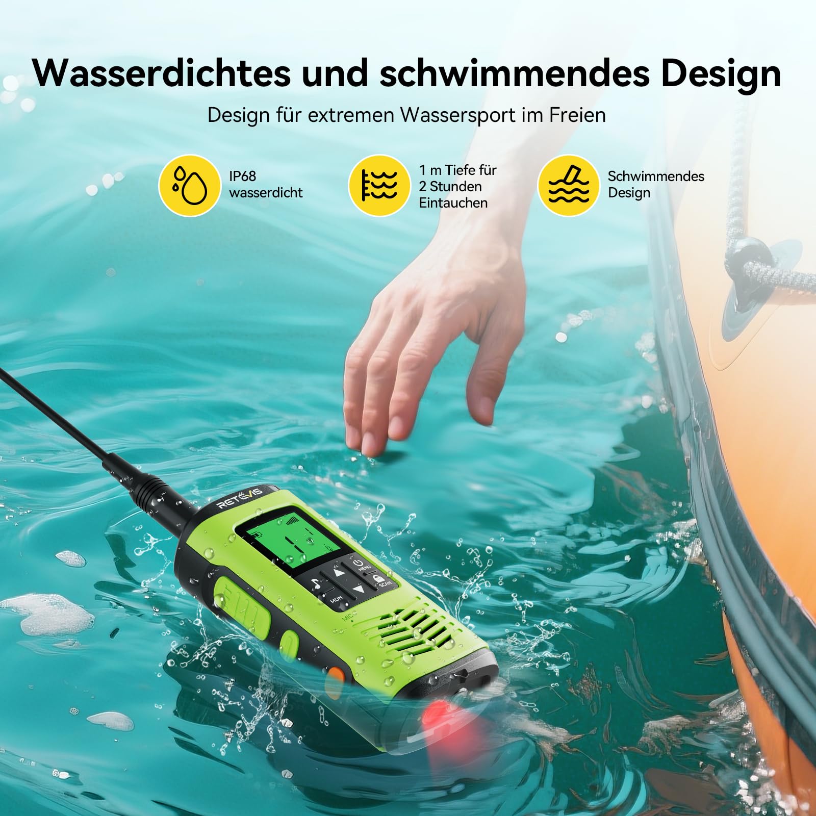 Retevis EZTalk 64S Walkie Talkie, IP68 Wasserdichtes Langstrecken Funkgerät, RT649P 2.0, Korrosionsbeständige, Rechargeable, Taschenlampe, SOS-Alarm, Funkgerät für Kajak Angeln (1 Paar) 2