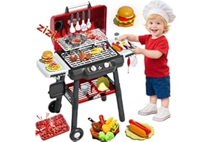 KIMICARE Kids Grill Playset, BBQ Toy Grill with Smoke Sound Light and Wheel, Movable Pretend Play Kitchen Toys Grills for Toddlers 3-5, 2-Layer Barbecue Play Food Christmas Birthday Gifts for Grandkids