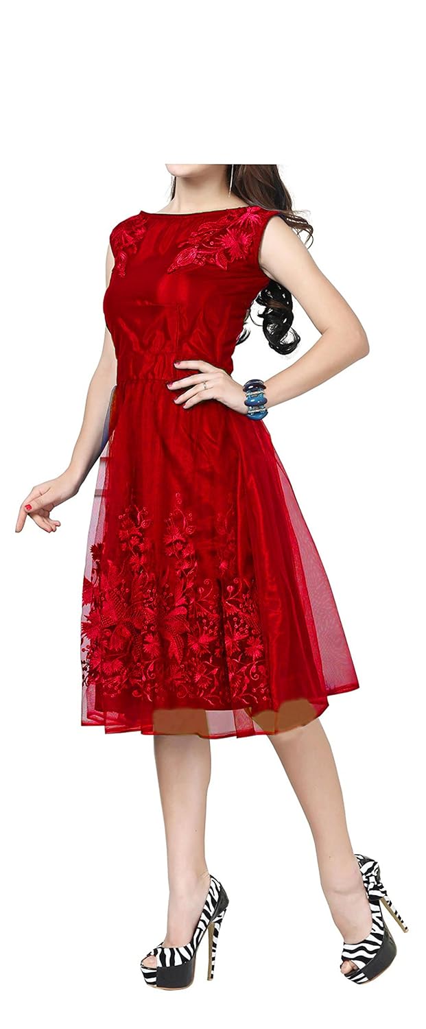 Buy Adad Fab Women S Net Knee Length One Piece Skater Dress Red Large At Amazon In