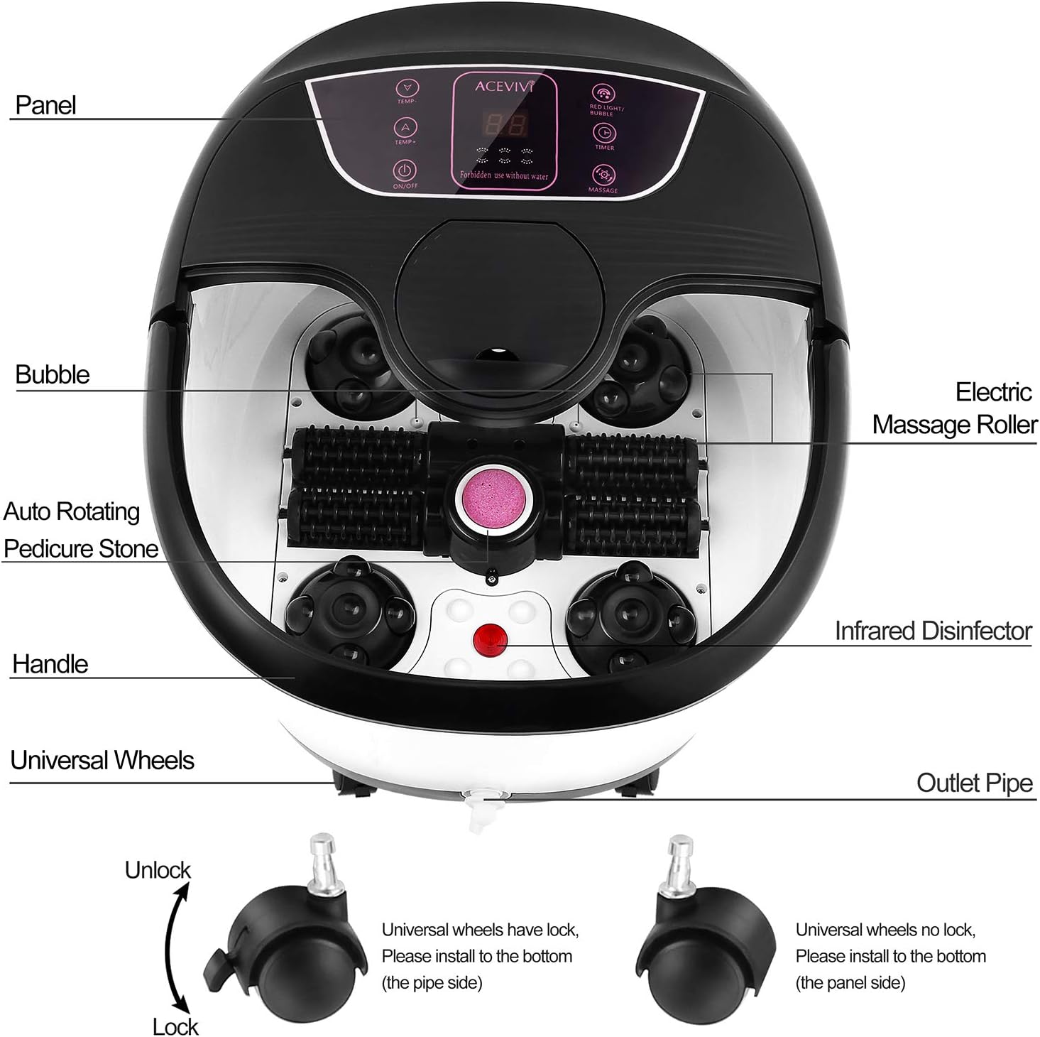 ACEVIVI Foot Bath with Heat and Massage and Bubbles, Foot Spa Massager w/Motorized Shiatsu Massage Ball and Maize Roller, Foot Stone, Digital Adjustable Temperature Control, Red Light, Multi-Modes: Health & Personal Care