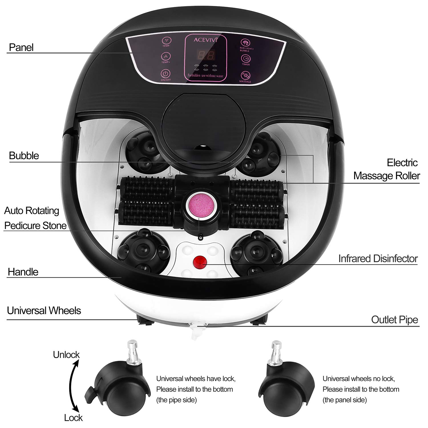 ACEVIVI Foot Spa Bath Massager with Massage Rollers and Balls(Motorized) for Health and Cleaning, Feet Bath Tub with Heat and Bubbles, Temp+/-, Timer, and Modes Control, Rotating Pedicure Stone: Beauty