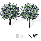 NSOPB 2 Pack 17.3 Artificial Lavender Topiary Trees with LED Lights Battery Operated - Realistic UV Resistant Faux Greenery, with Ground Spike Decor for Outdoor Garden, Patio, Porch, and Indoor Use