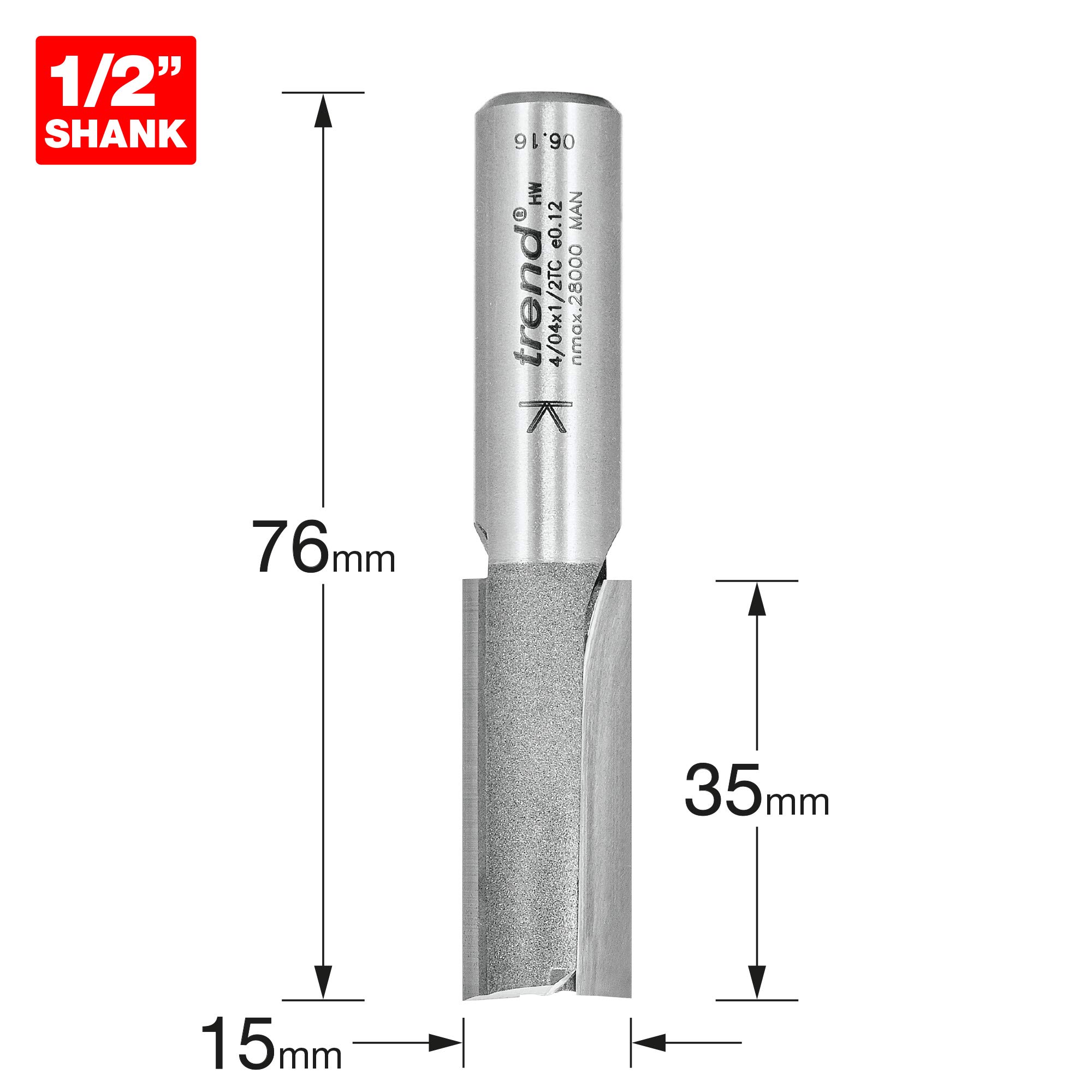 Trend Professional Straight Two Flute Router Cutter, 1/2 Inch Shank, 15mm Cut Diameter & 35mm Cut Length, Tungsten Carbide Tipped, 4/04X1/2TC