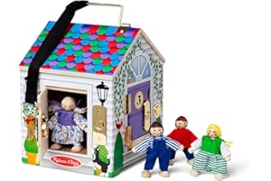 Melissa & Doug Take-Along Wooden Doorbell Dollhouse - Doorbell Sounds, Keys, 4 Poseable Wooden Dolls Portable Doll House, Doorbell House for Kids Ages 3+
