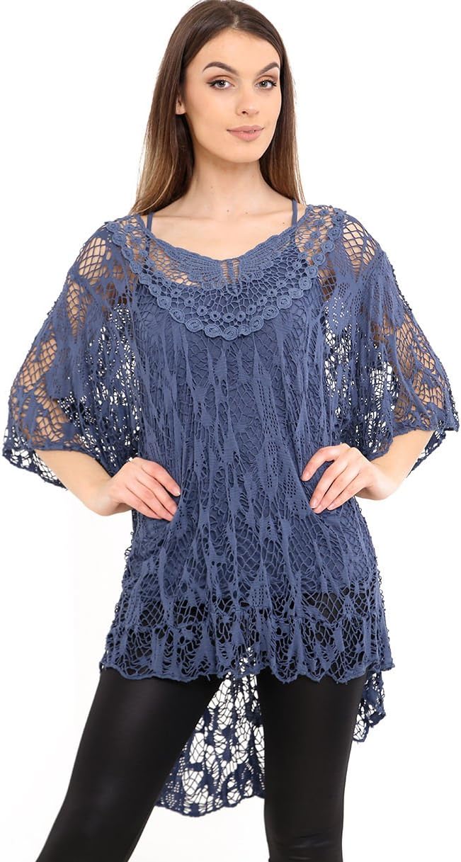Zaif & Hari Ladies Italian Lagenlook Knitted Crochet Lace Mesh Quirky Loose High Low Layering Vest Tops Twin Set Womens T-Shirt Blouse UK Plus Size 8-22