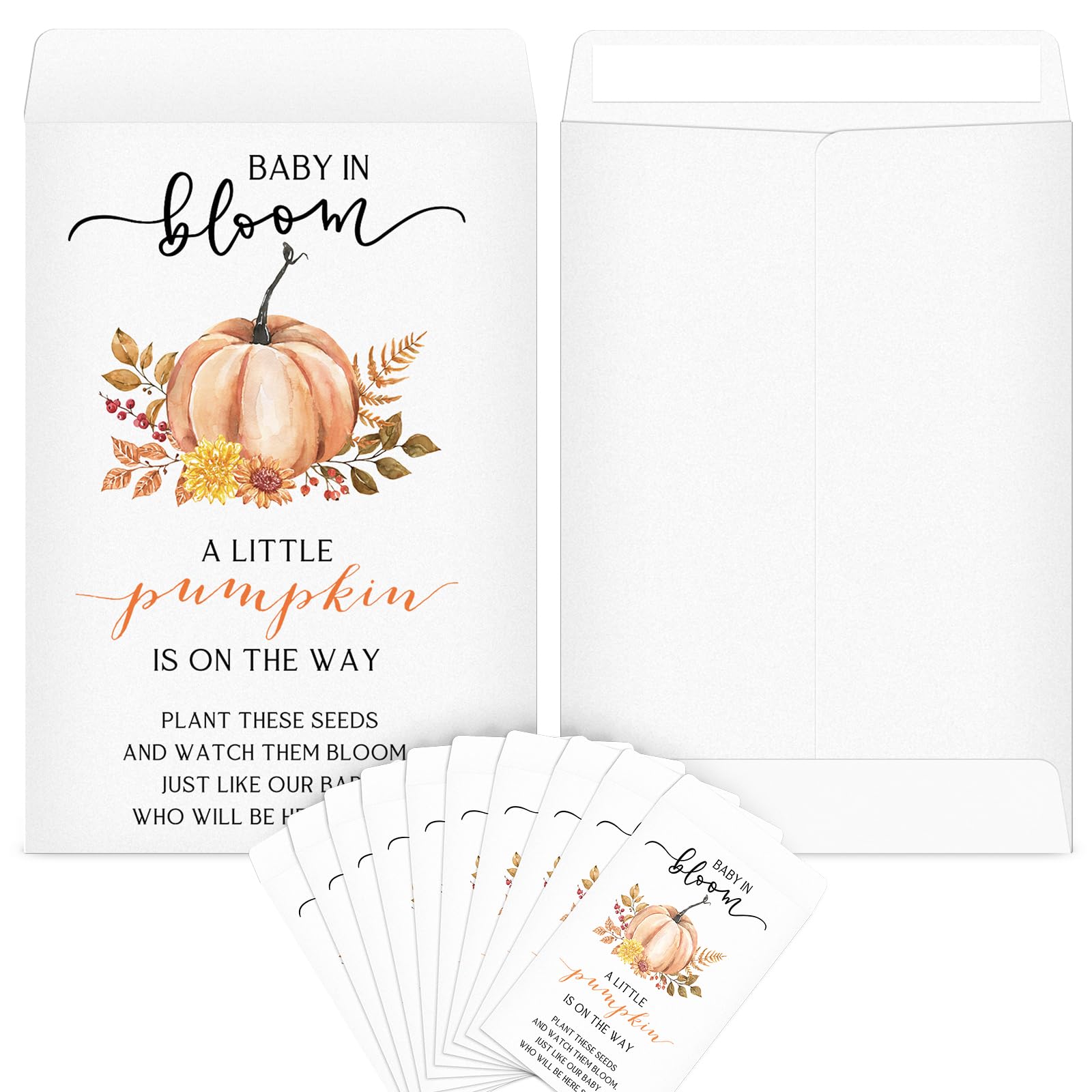 Photo 1 of Fumete 50 Pcs Fall Baby Shower Packet Favors Autumn Pumpkin Self Adhesive Packets Baby in Bloom Kraft Packets Mini Storage Packet Organizer Party Gift Favors